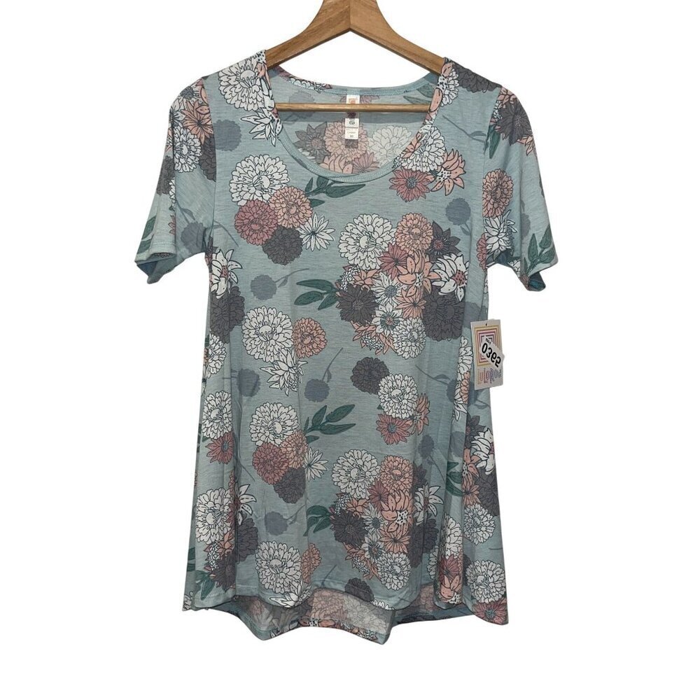 NWT LuLaRoe Cute Pastel Blue Floral Print Short-Sleeve Tunic Top Women's Size XS